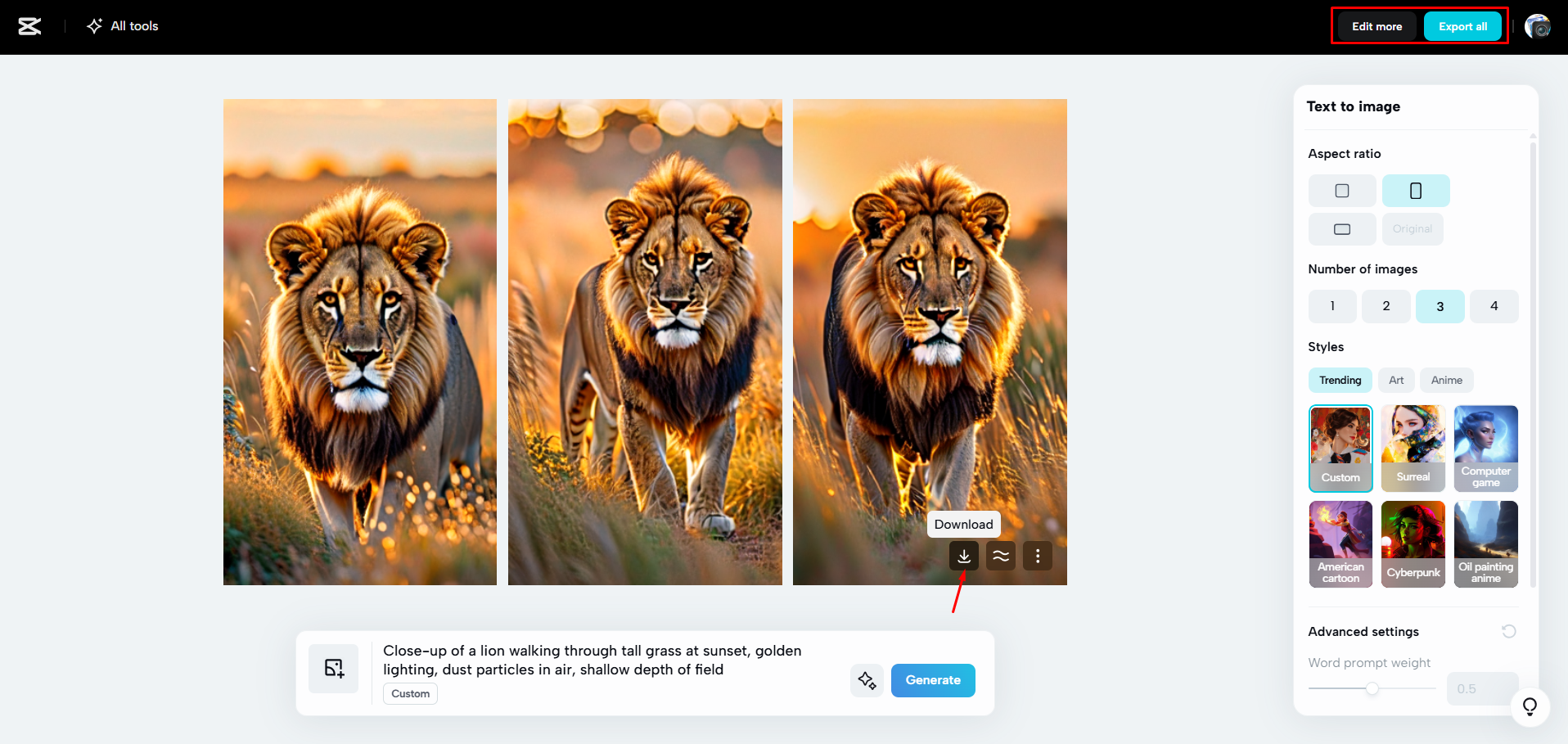 Herunterladen der Bilder mit KI in CapCut Web