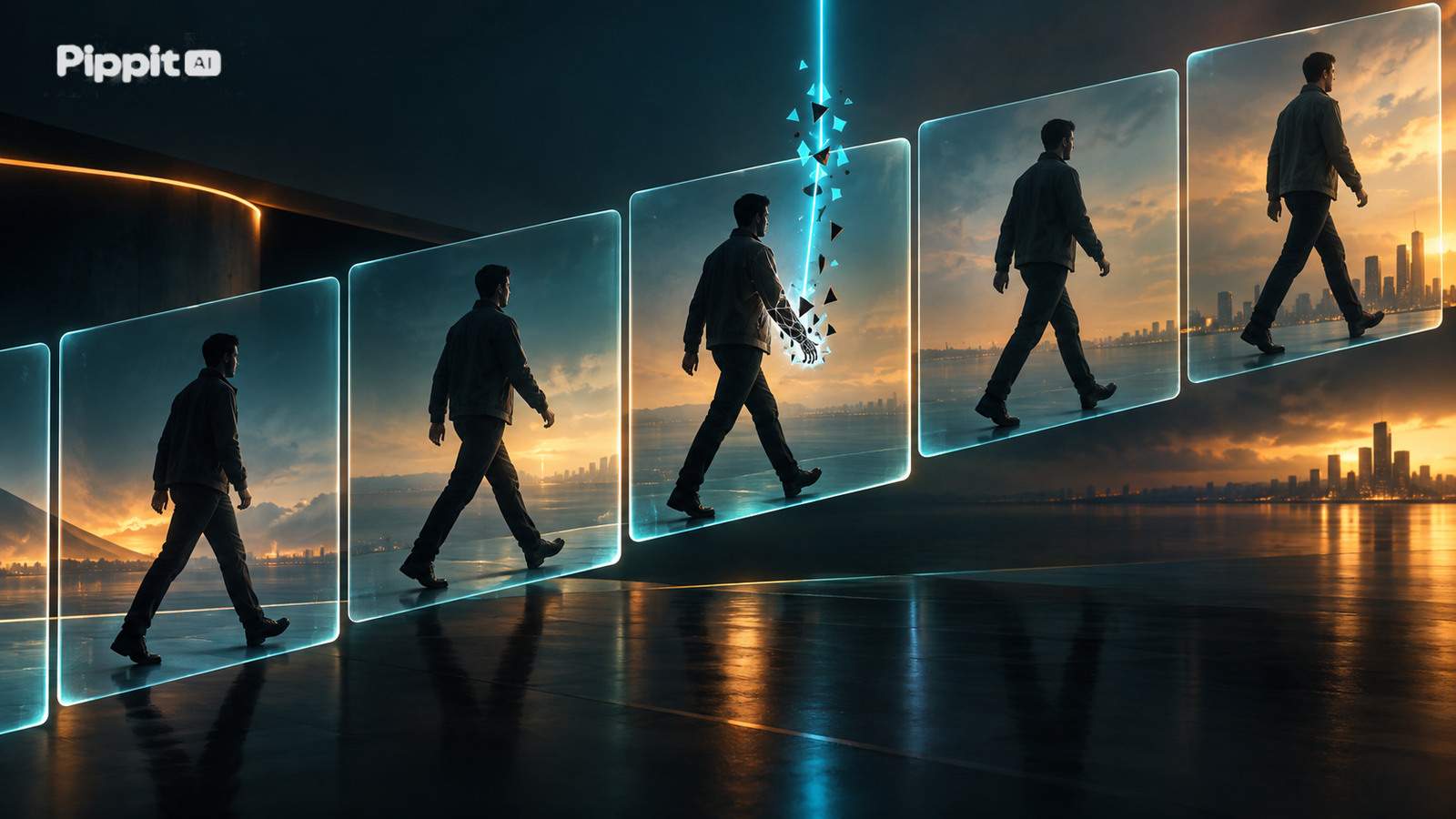 A diagonal row of walking frames stays consistent while a narrow light removes distortion from one hand.