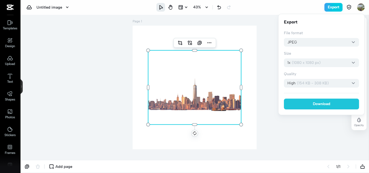 Export settings panel in CapCut