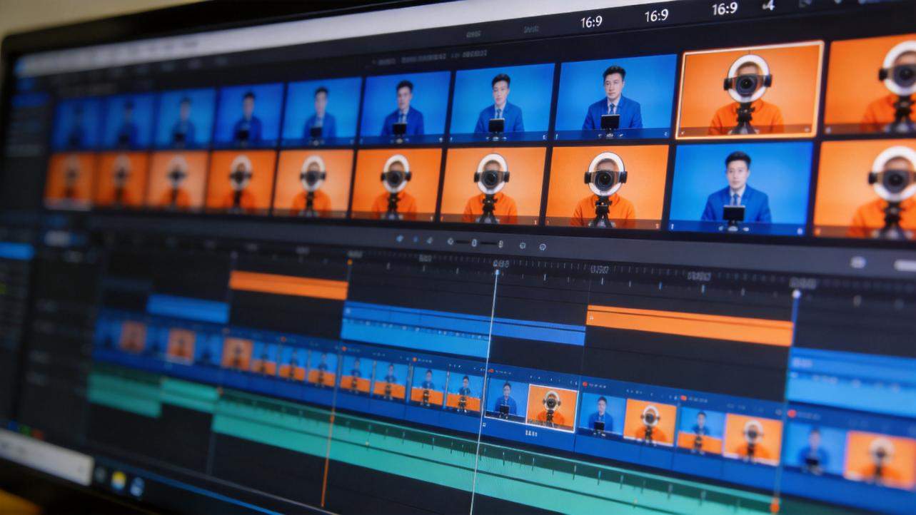 Video editor timeline with blue and orange clips and preview thumbnails of presenter and webcam footage