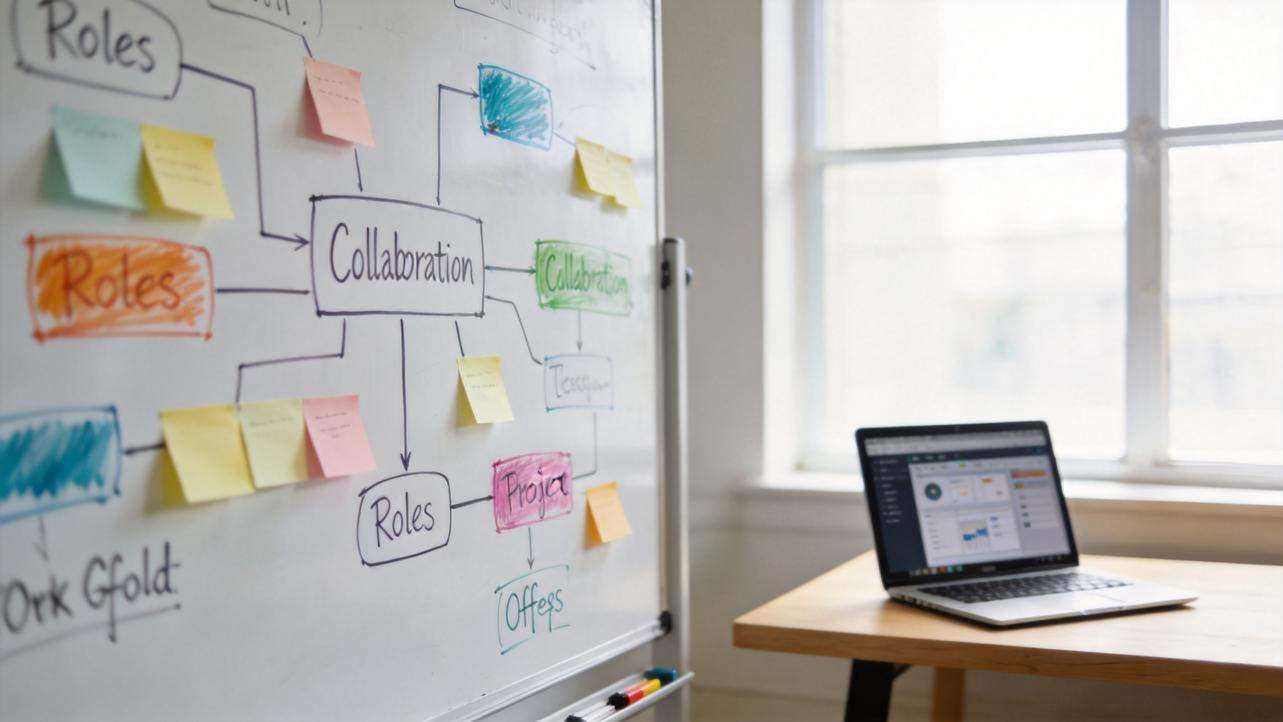 Whiteboard diagram of collaboration with sticky notes beside a laptop on a table