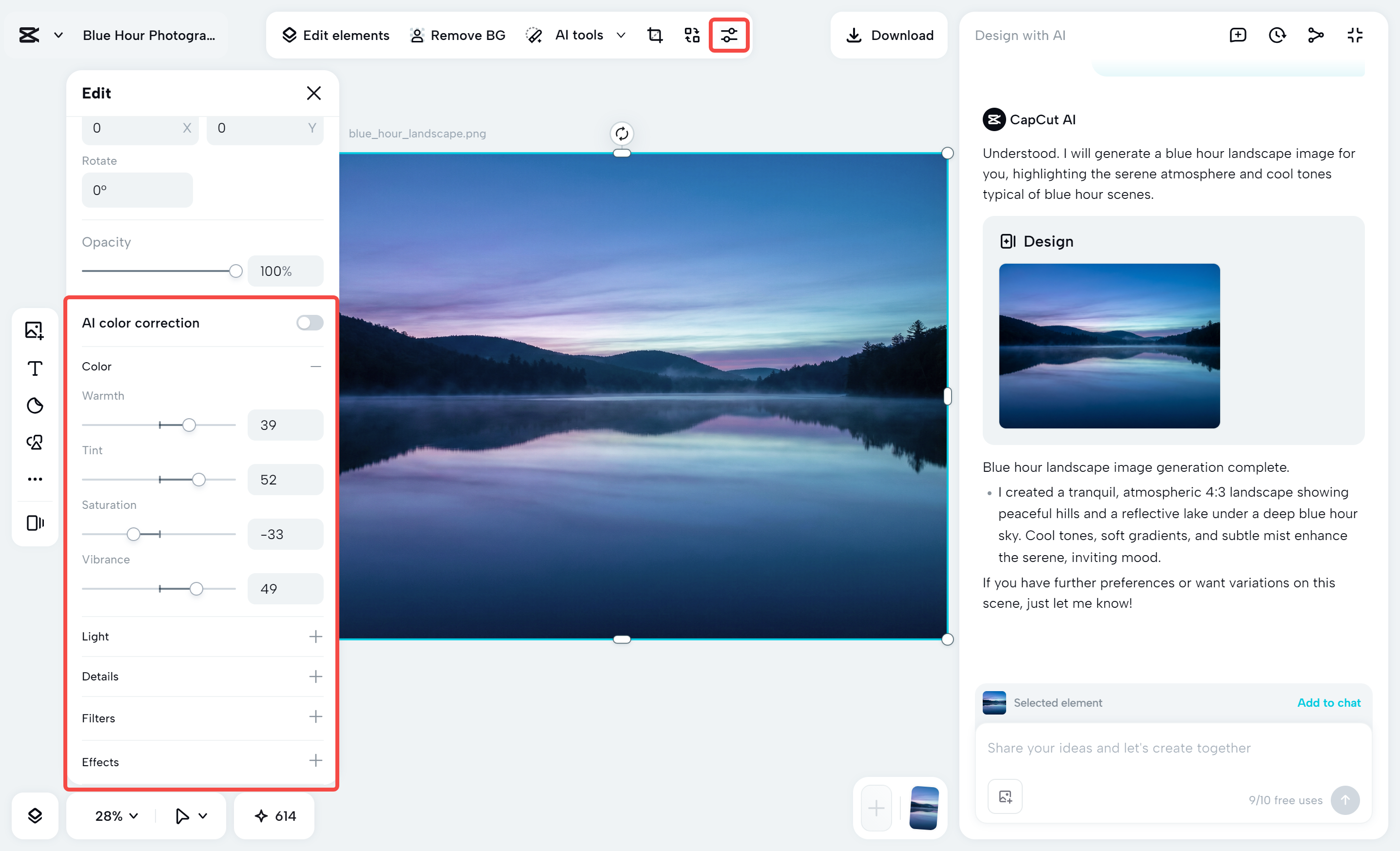 Editing the image in the CapCut desktop video editor
