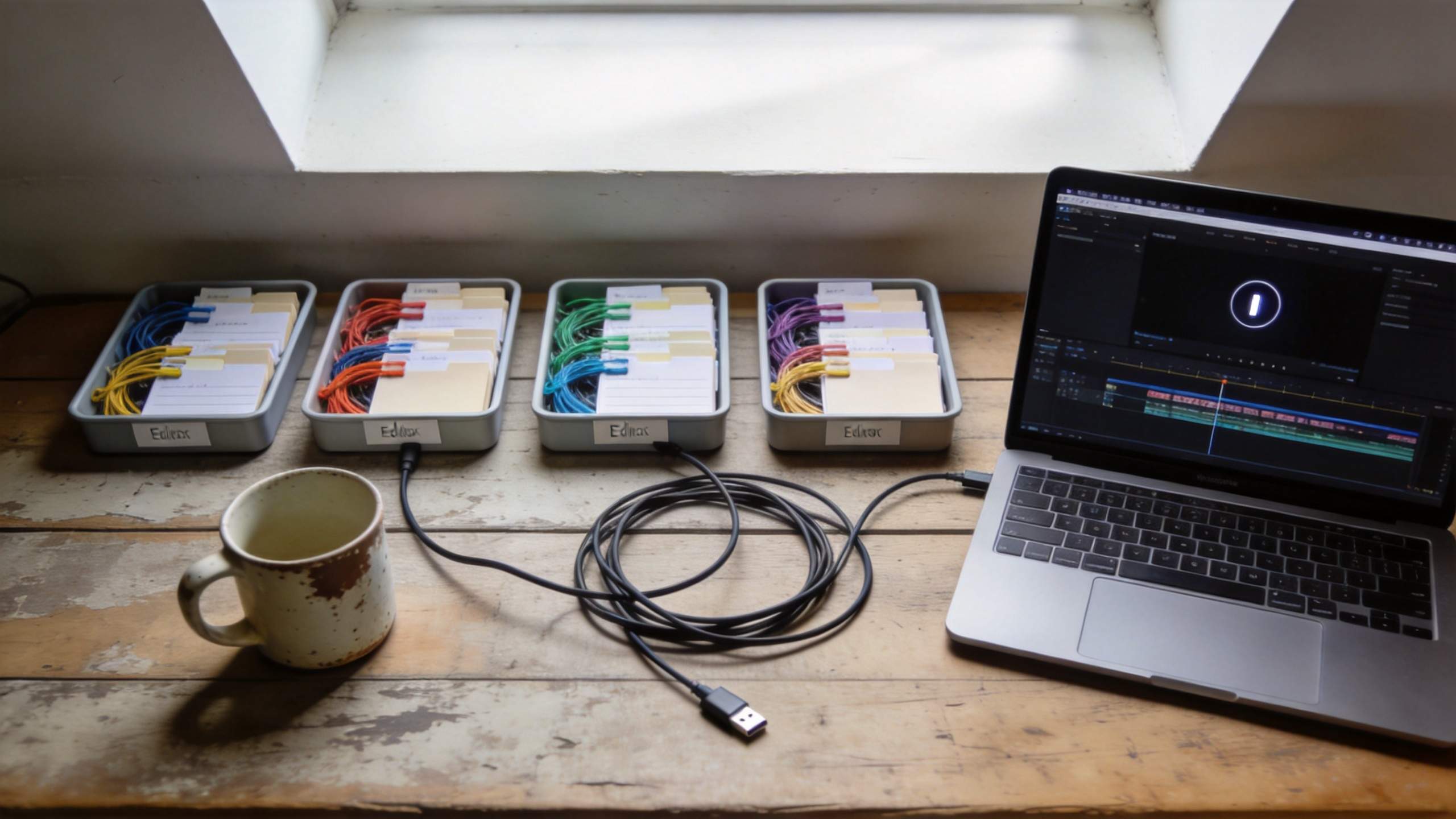 Laptop with video editing timeline beside labeled trays of cables on a wooden desk