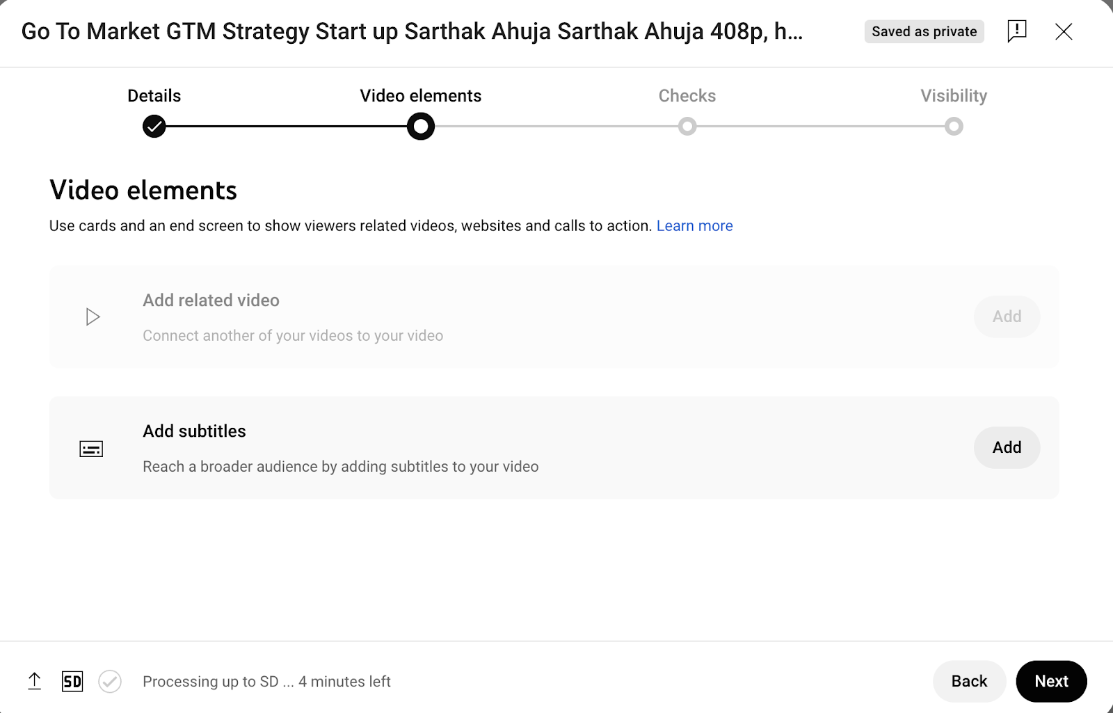 รูปภาพแสดงวิธีการค้นหาส่วนองค์ประกอบวิดีโอใน YouTube Studio