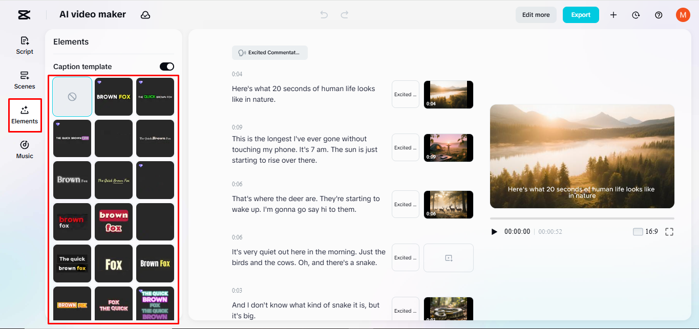 Adding captions to video in CapCut's AI video maker