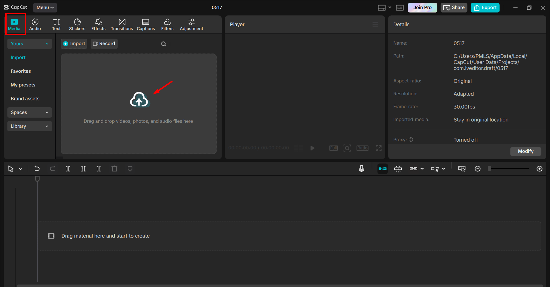 Importing the video in the CapCut desktop video editor