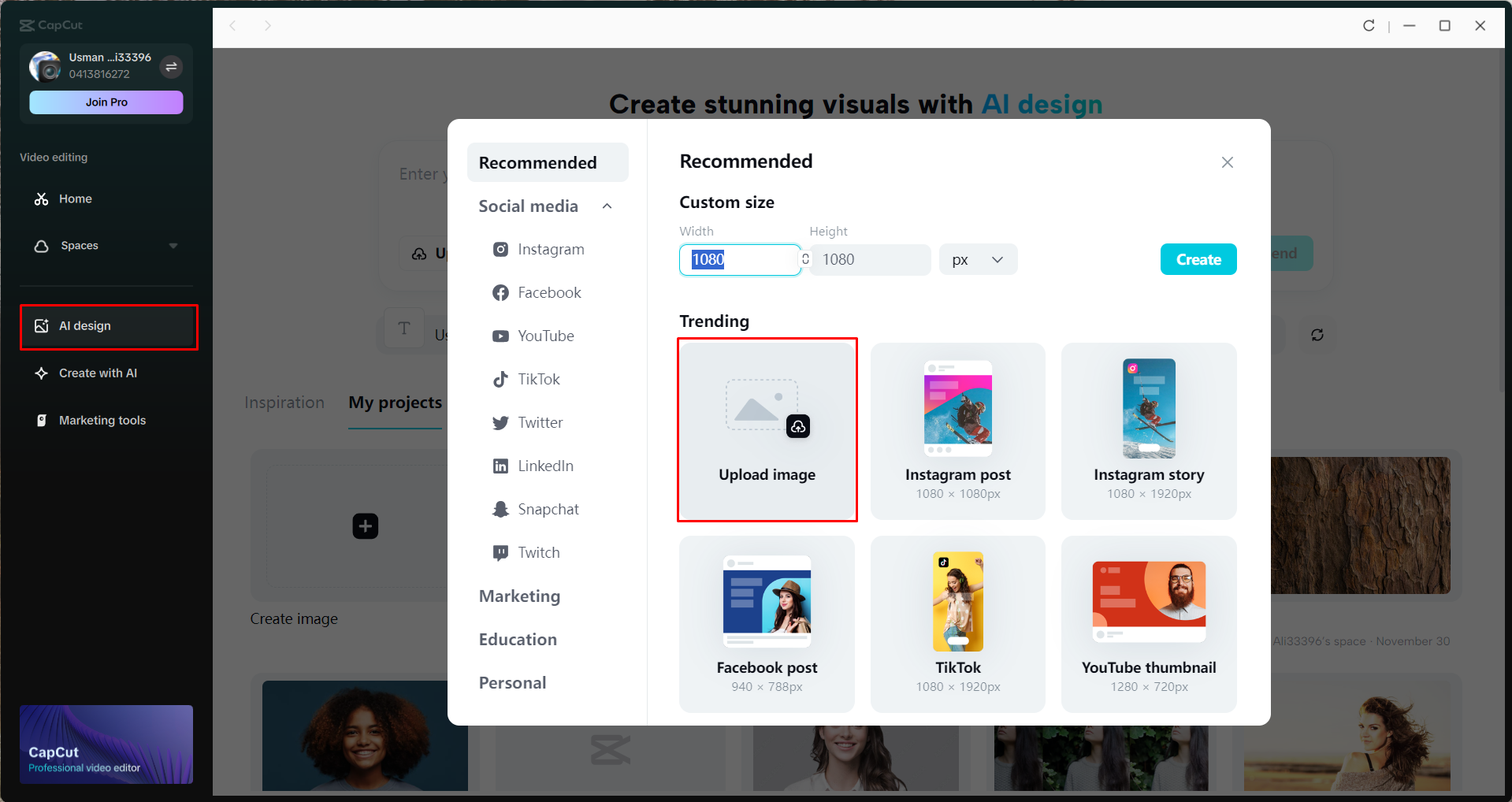 Accessing the AI design tool in the CapCut desktop video editor