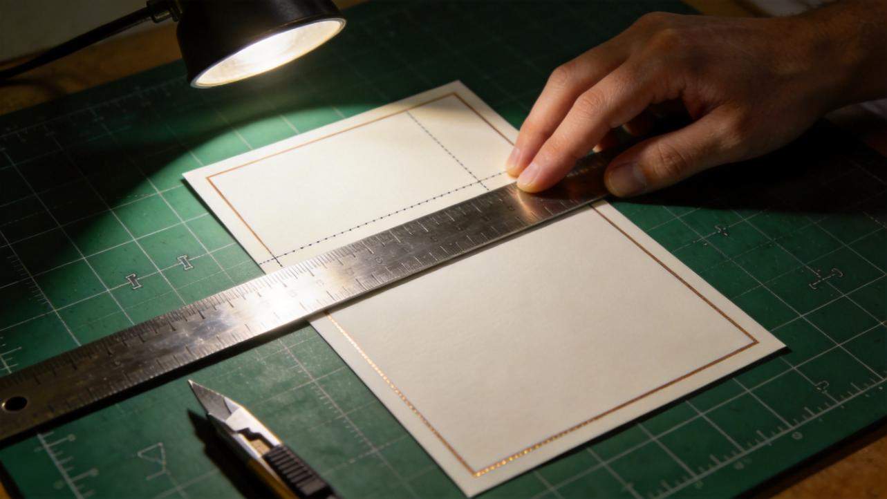 Hand uses a metal ruler to align a card on a cutting mat under a desk lamp