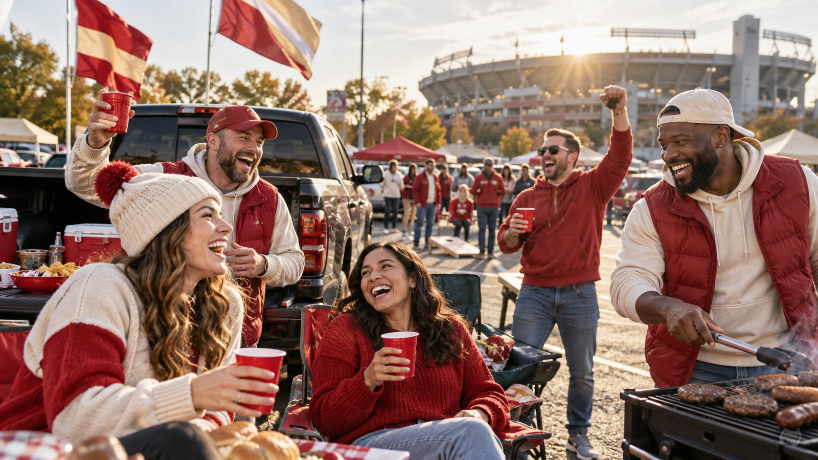 a lively stadium parking-lot portrait with unbranded fan styling, food, cars, and believable group interaction