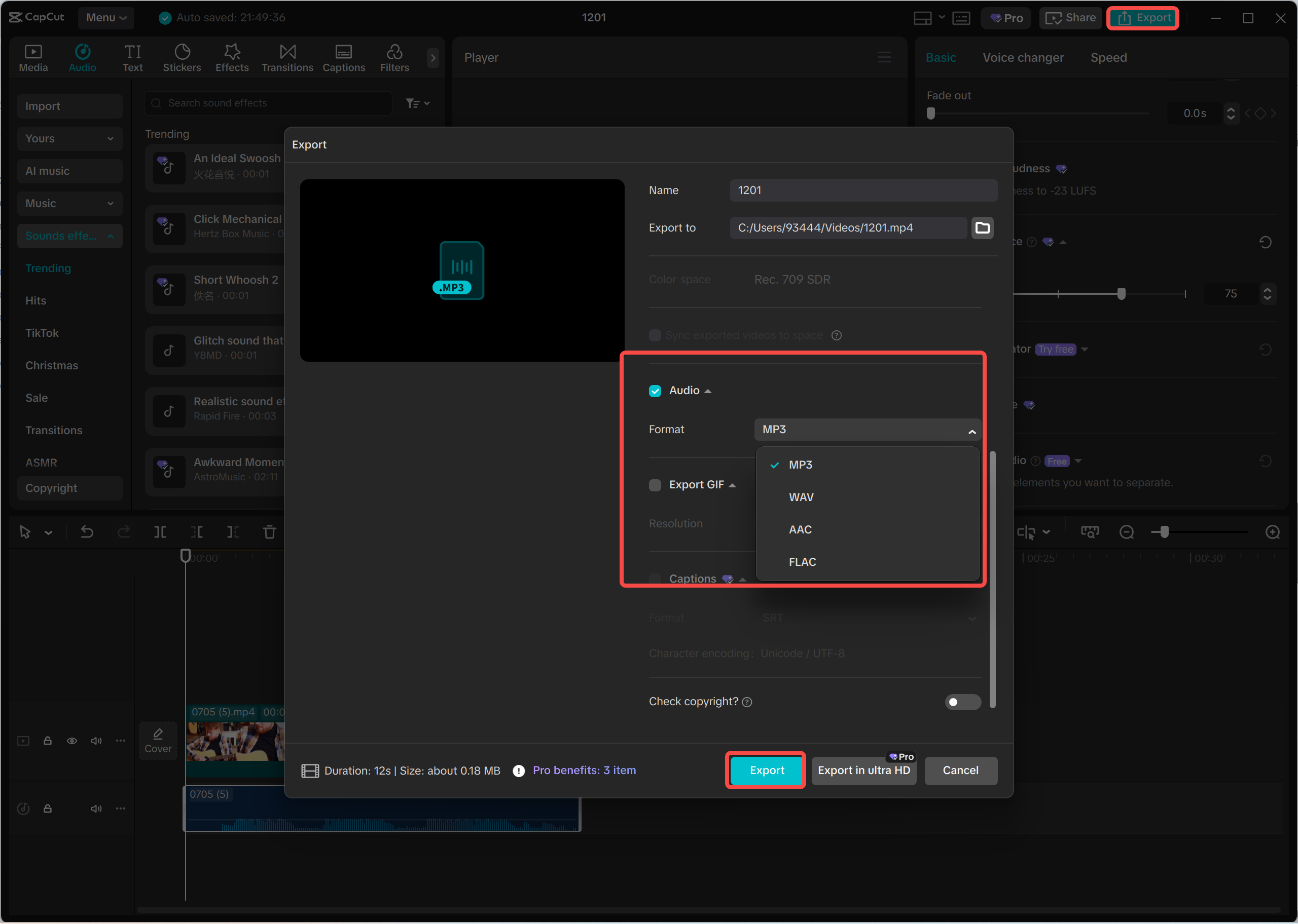 Exporting the ringtone from the CapCut desktop video editor