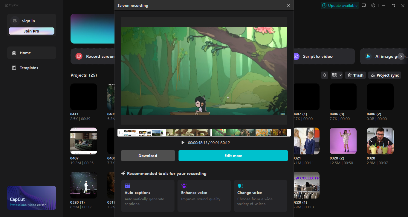 อินเทอร์เฟซการแก้ไขของตัวแก้ไขวิดีโอเดสก์ท็อปCapCut - แอพเครื่องบันทึกหน้าจอสำหรับแล็ปท็อปที่มีให้ดาวน์โหลดฟรี