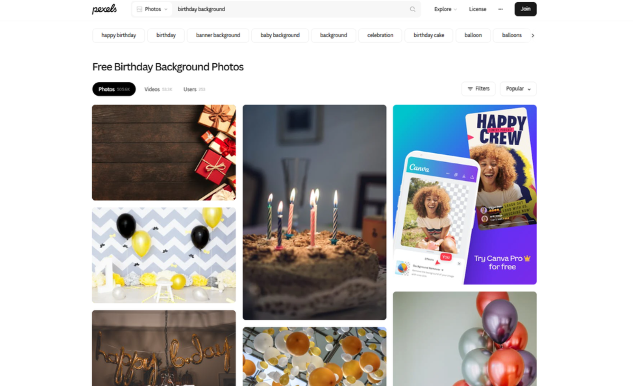 Interface of Pexels - another site to download birthday banner background