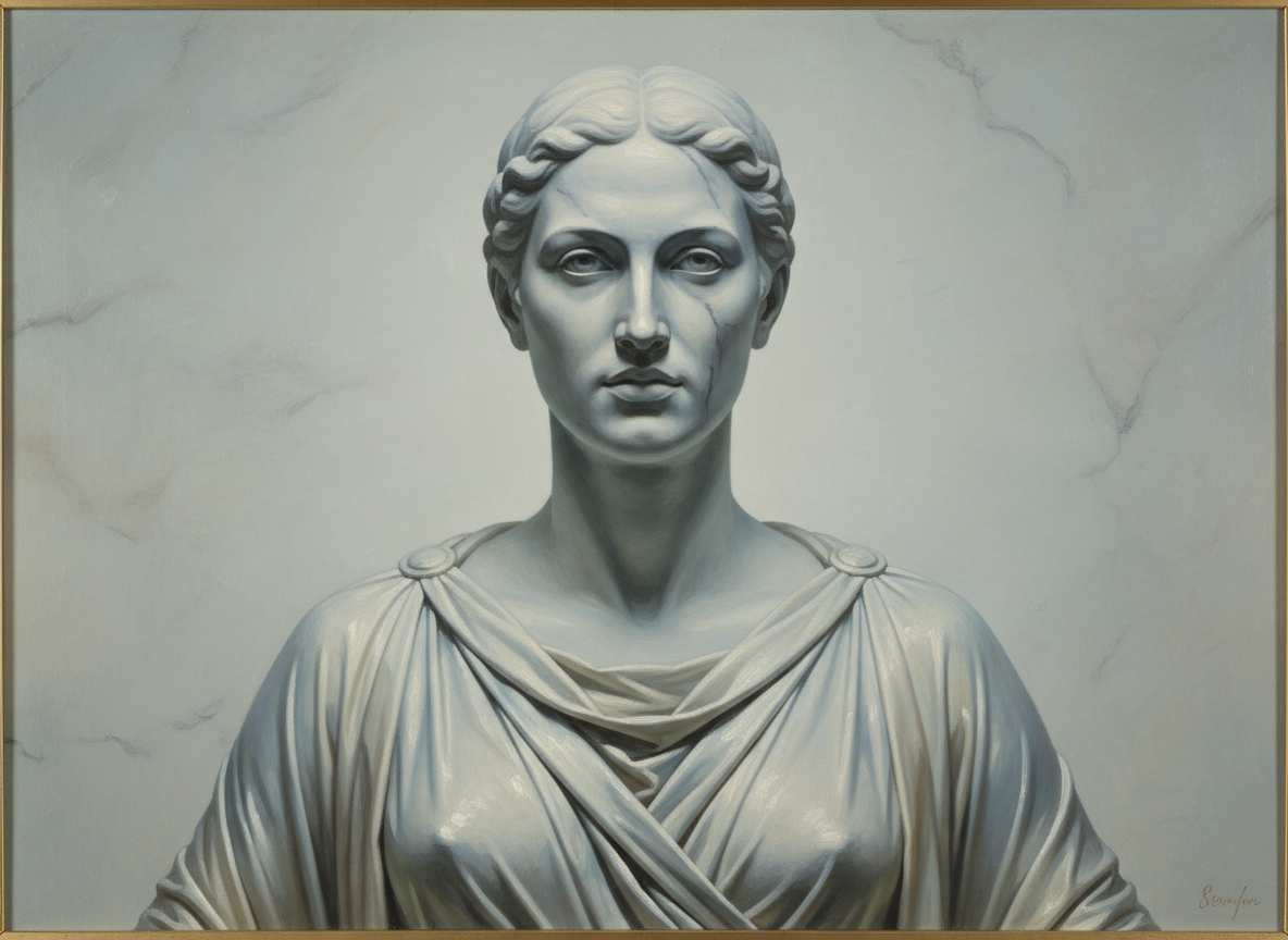 Anonymous AI avatar oil painting classic portrait style in Neoclassical elegance, cool marble tones, refined drapery, symmetrical composition, delicate brushwork, clean backdrop.