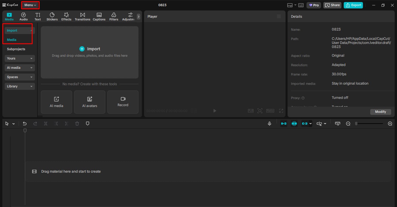Importieren von Videos im CapCut Desktop-Video-Editor