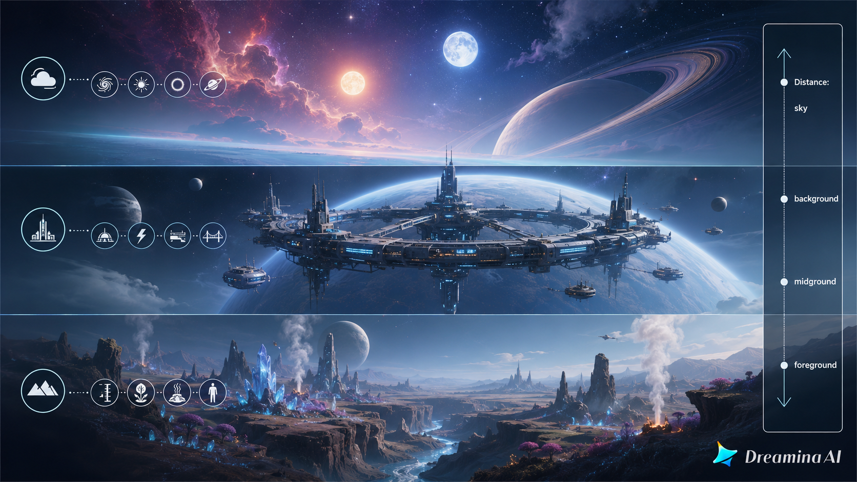 Dreamina AI generando paisajes de ciencia ficción con vistas planetarias épicas, paisajes urbanos futuristas, terreno alienígena y señales de profundidad para el arte conceptual de juegos y películas.