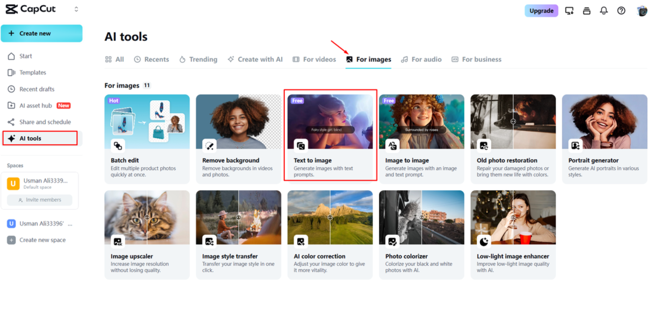 Accessing the AI image generator in CapCut Web