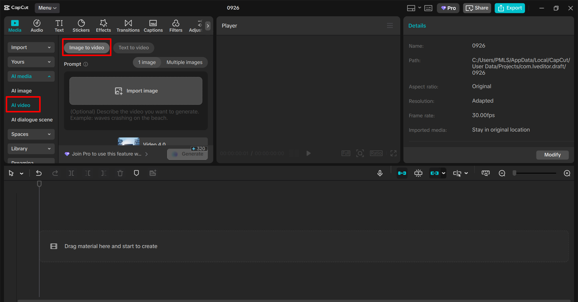 Accessing an AI image to video in the CapCut desktop video editor