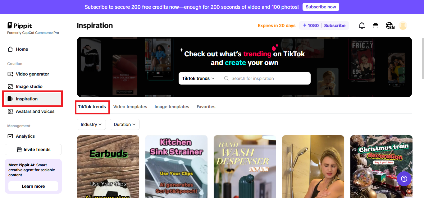 Pippit's TikTok insporation interface with TikTok trends highlighted