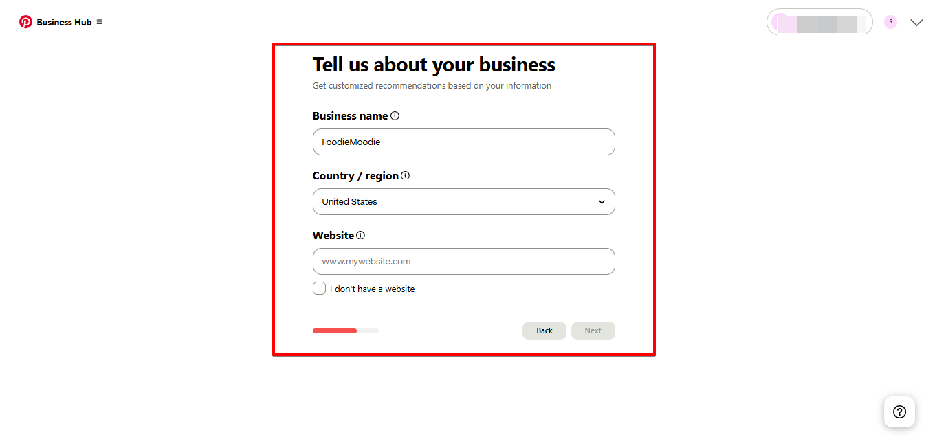 Adicionando detalhes comerciais na conta Pinterest Business