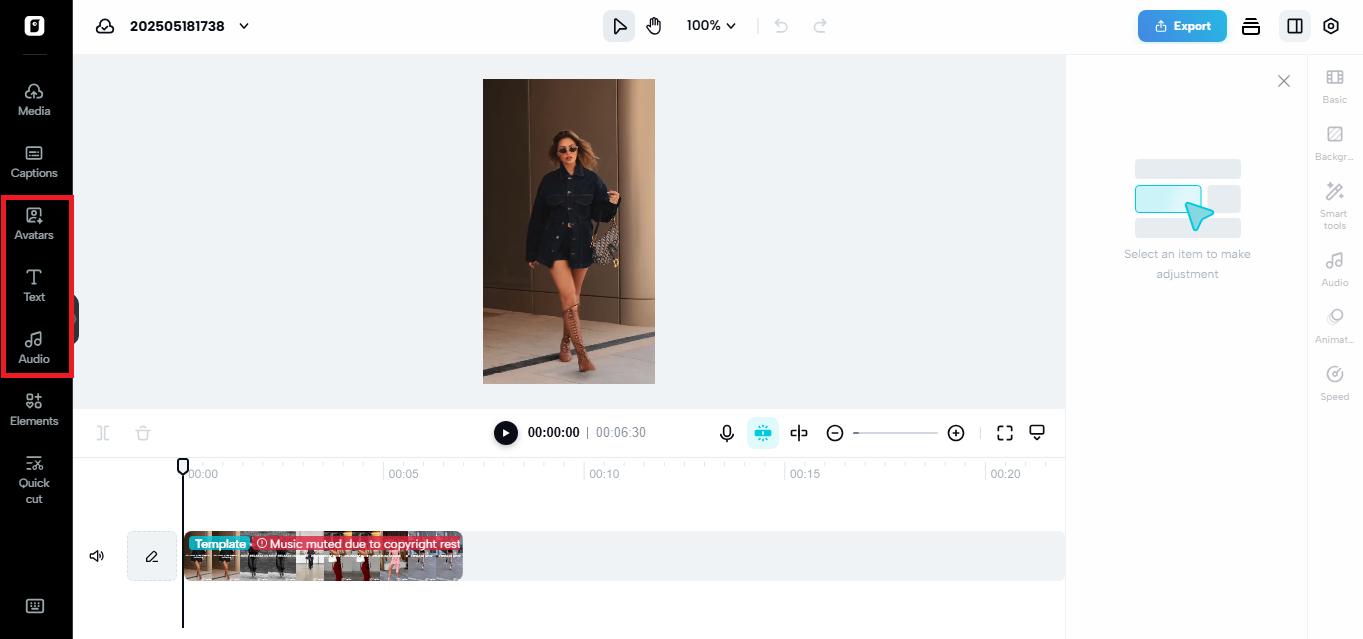 Avatar, text, and audio options in Pippit's video editor