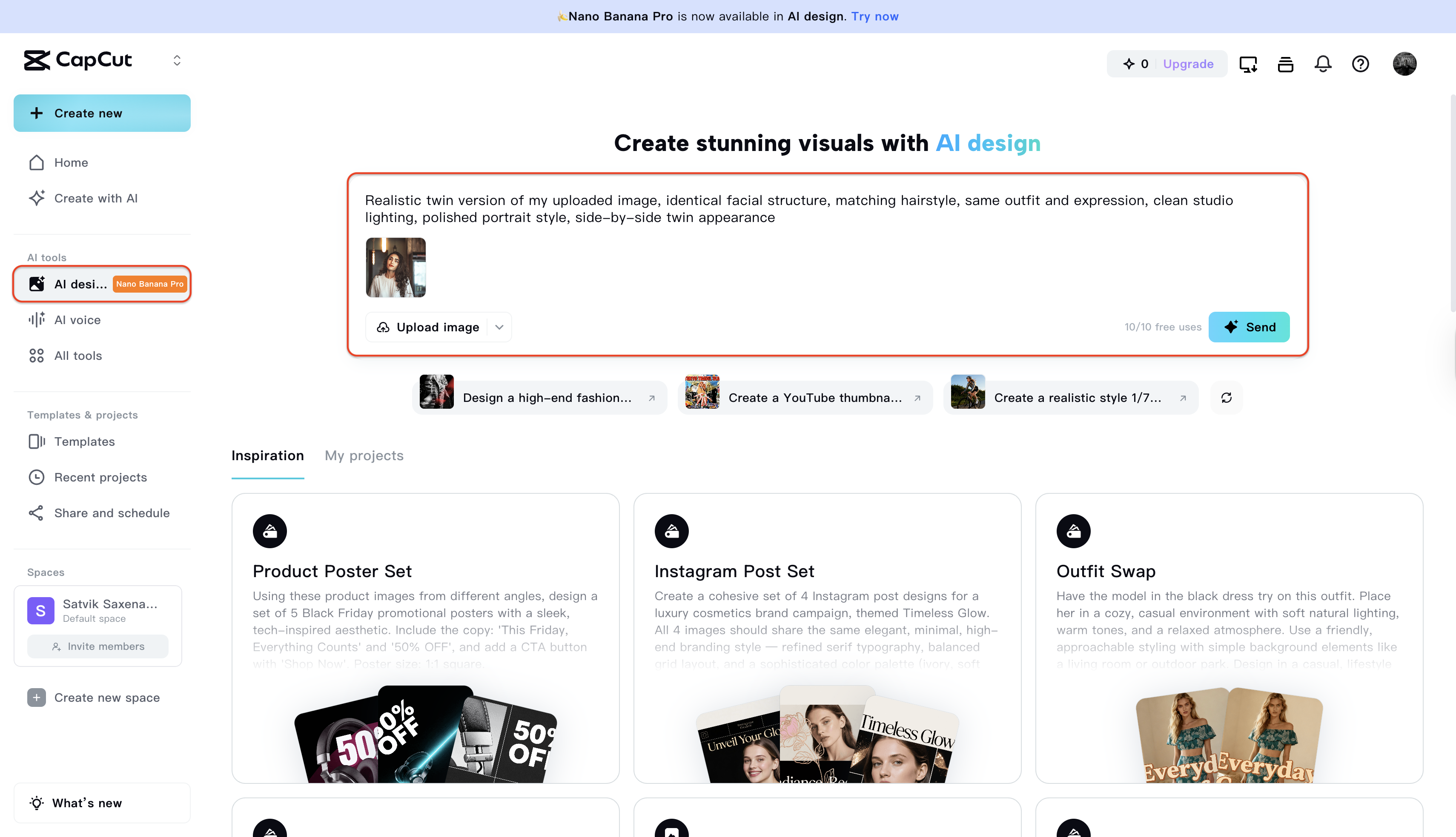 Accessing CapCut AI design to enter text prompt