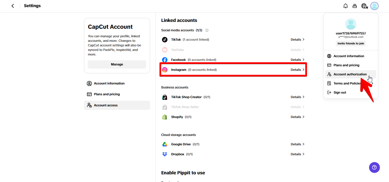 Conectando a conta do Instagram ao Pippit