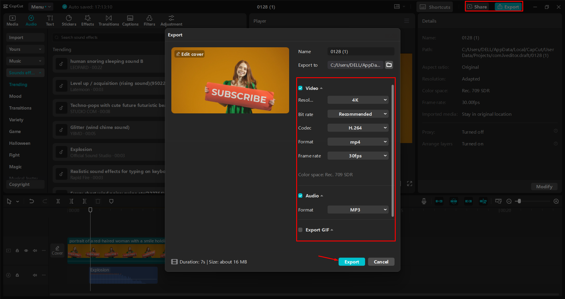 Exporting a video from the CapCut desktop video editor