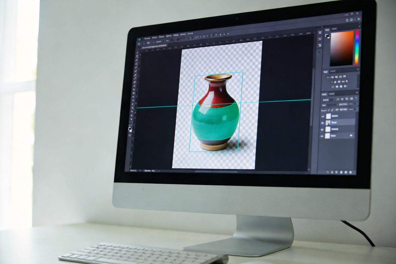 Desktop monitor showing a cutout vase on a transparent background in an editing app