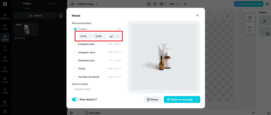 customize the image size