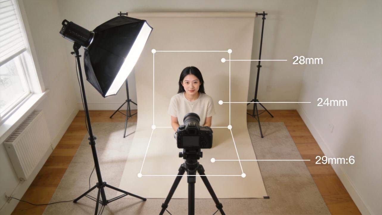 Studio headshot setup with softbox light, camera on tripod, and woman seated against a backdrop