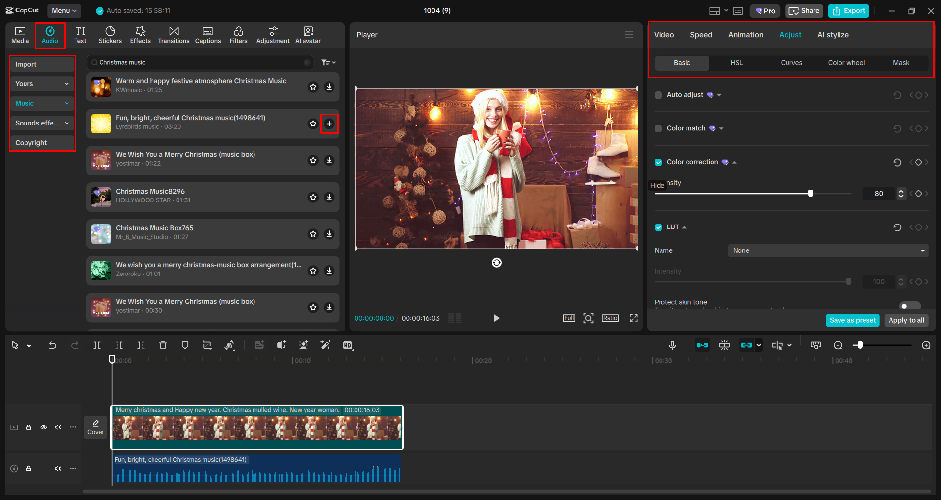 Adding Christmas music to a video with the CapCut desktop video editor