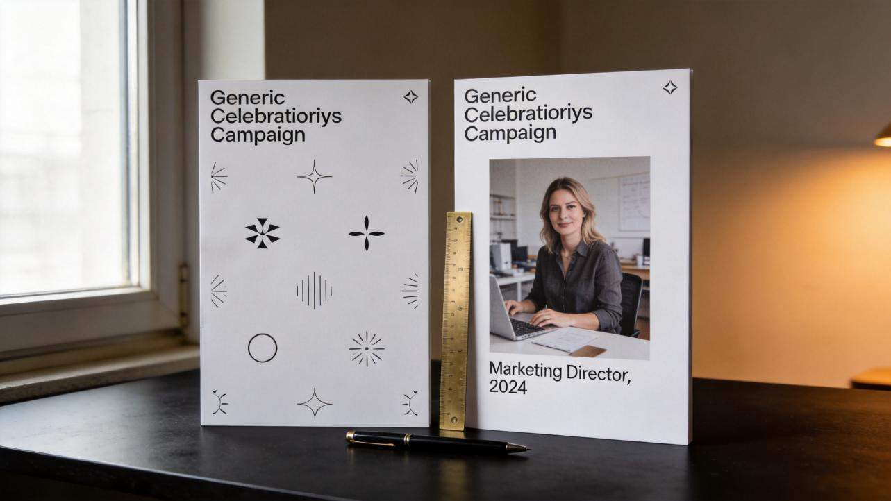 Two campaign mockups on a desk, one generic and one featuring a marketing director portrait