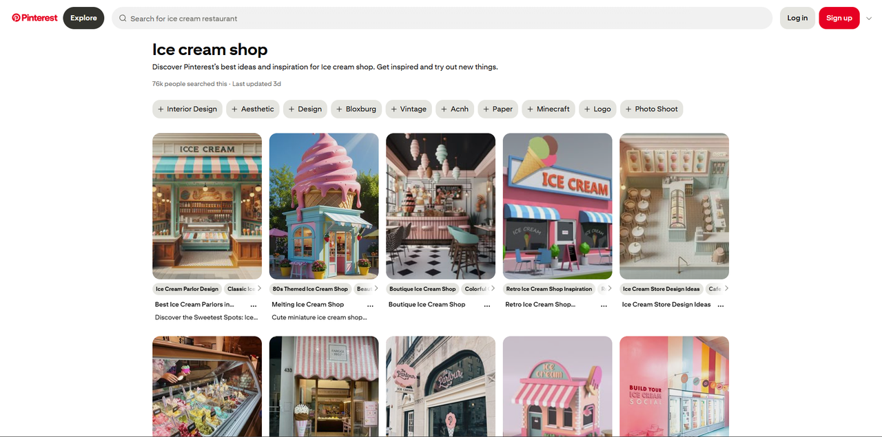 Interface of Pinteret - a site with diverse ice cream shop interior designs 