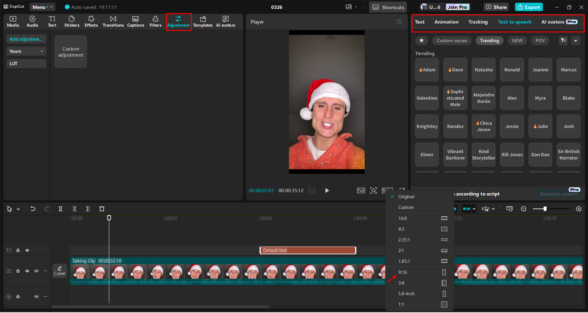 Adjusting ratio and editing a reel for Instagram with the CapCut desktop video editor