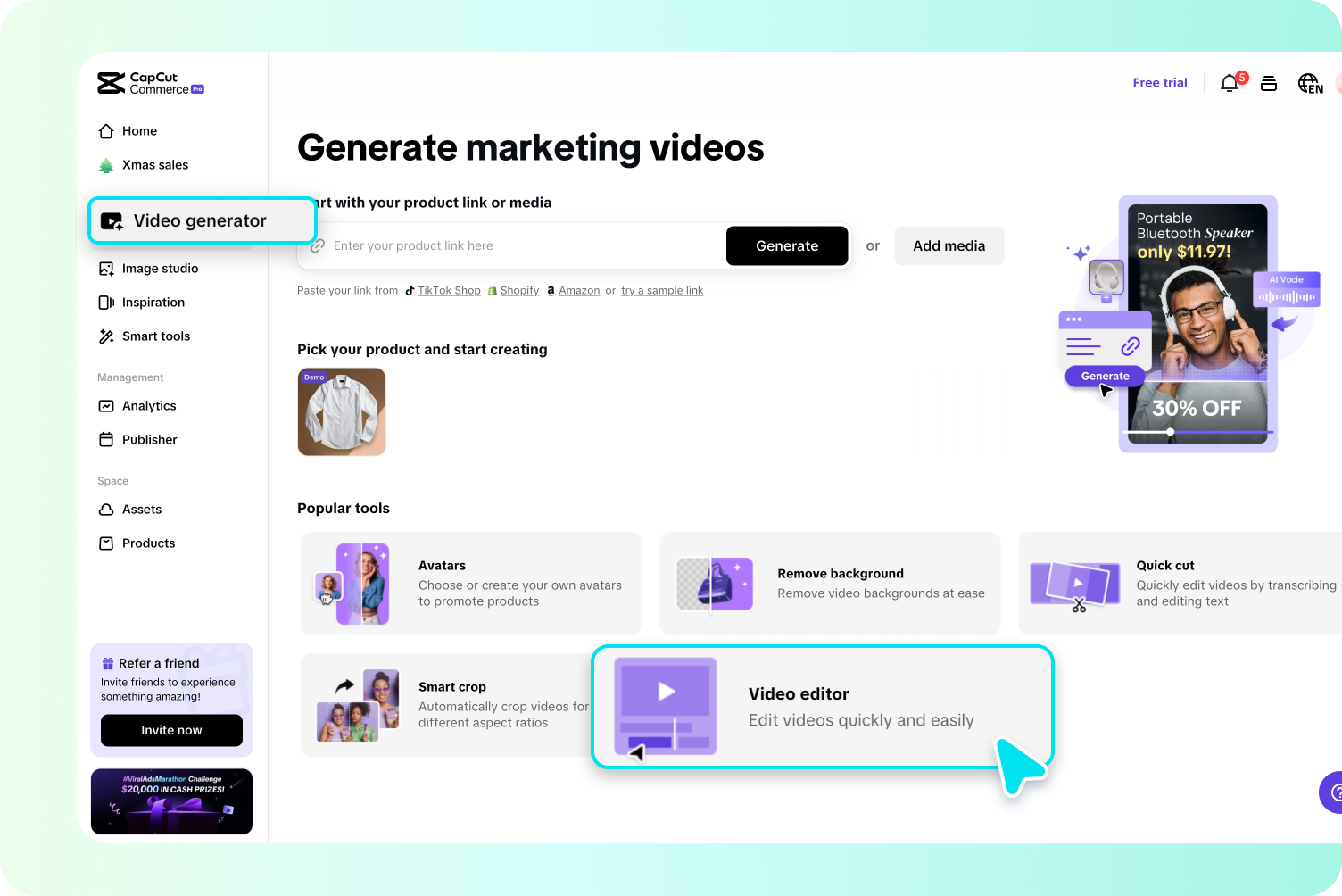 description=The Pippit video editor interface showing a user uploading a large video file into the blank canvas.