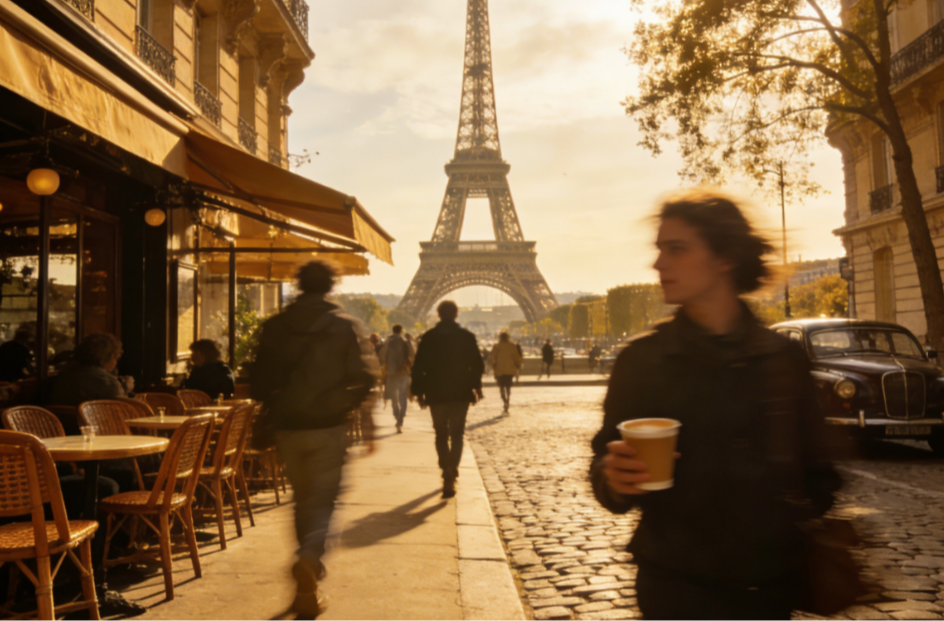 People stroll through the streets of Paris, enjoying coffee.