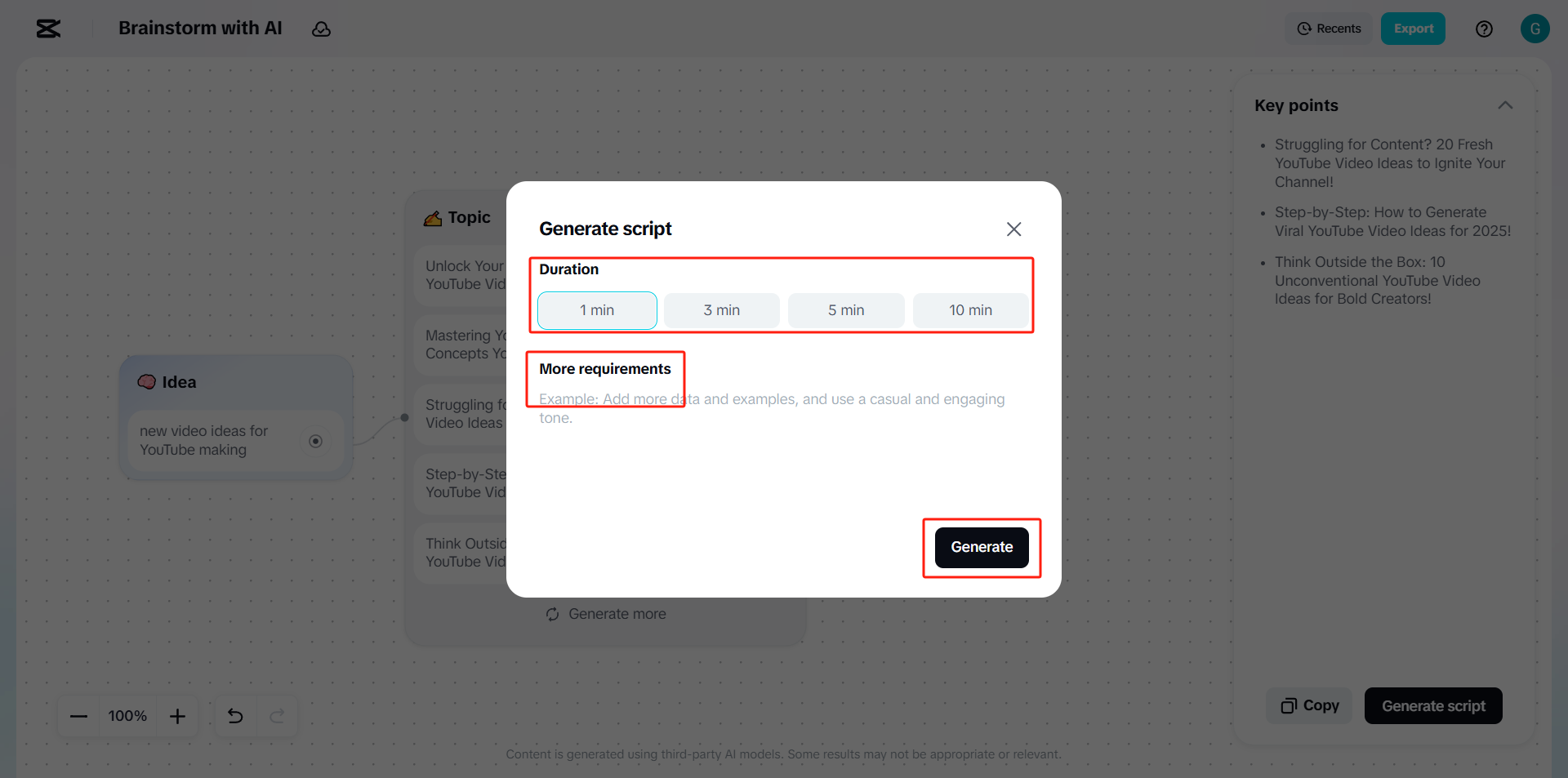 Customize the script and video duration settings