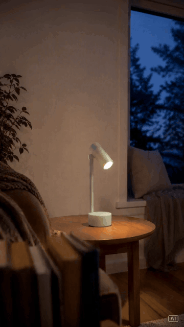 Pequeña lámpara de escritorio encendida sobre una mesa auxiliar de madera junto a una ventana al atardecer
