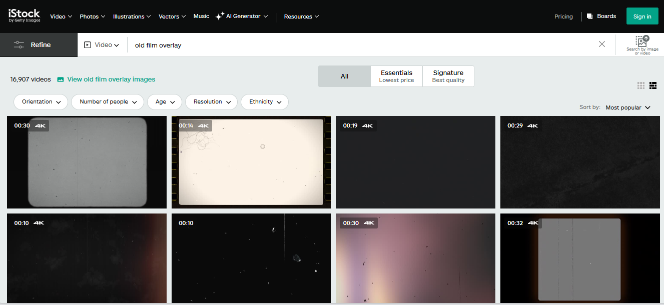 Interface of iStock - the perfect platform to get old film camera overlays