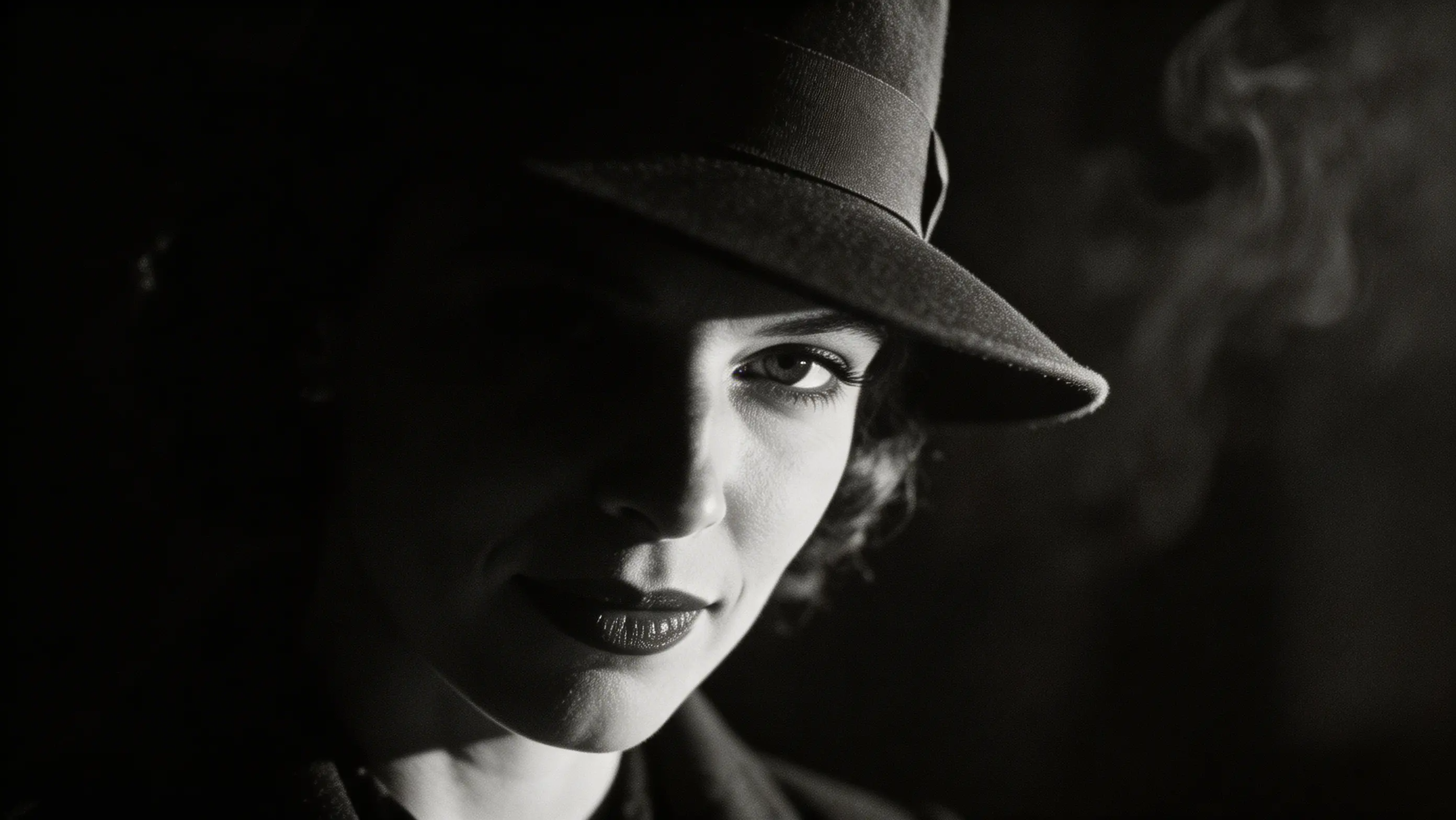 Mysterious high-contrast noir split lighting portrait