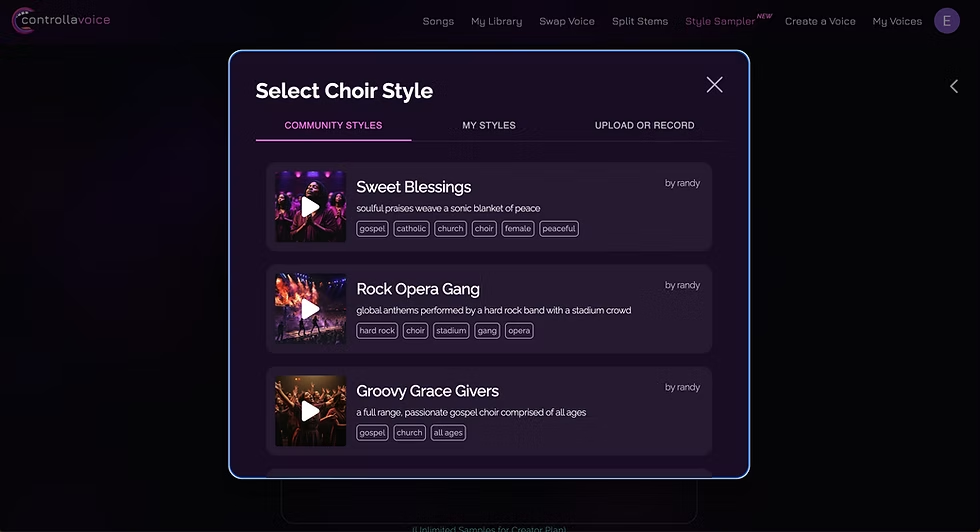 Oberfläche von Controlla Voice – ein Generator für Text-zu-Gesangsstimmen