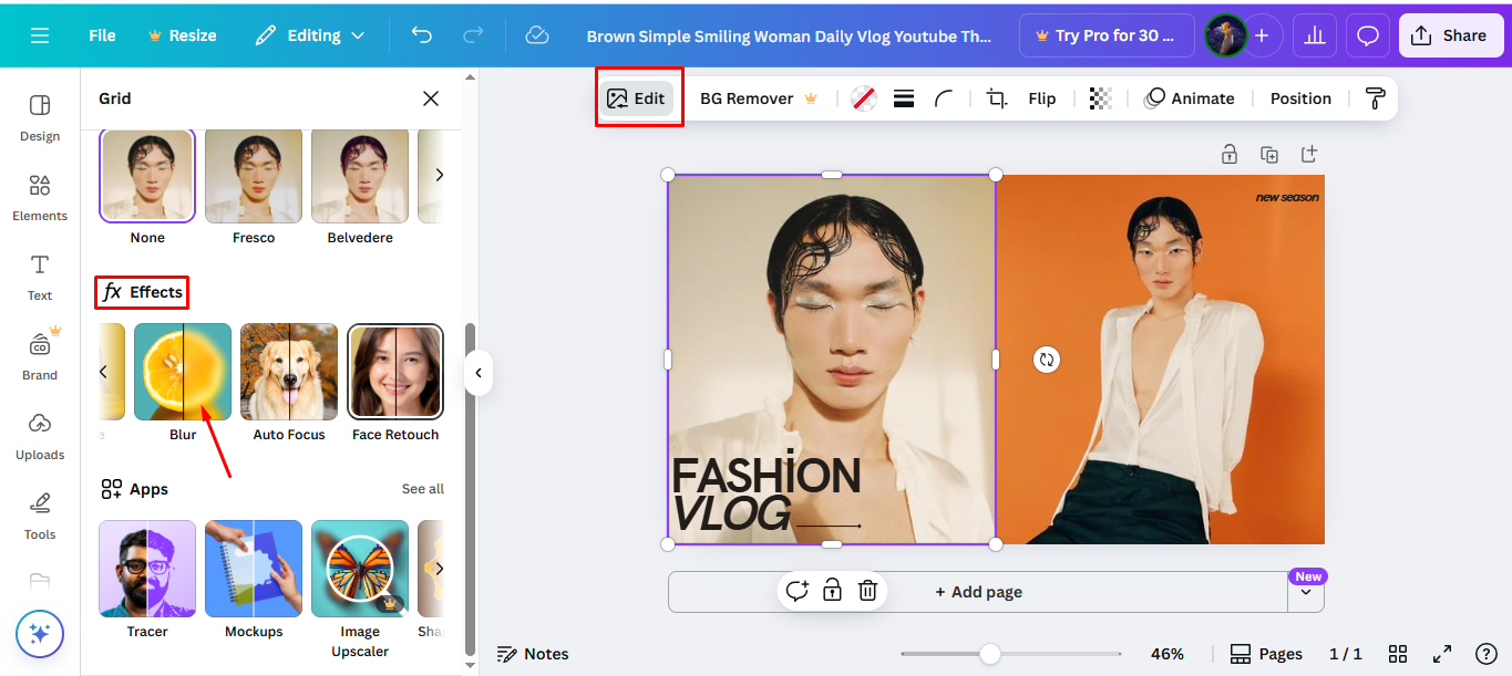 Using an effect to blur the photo in Canva