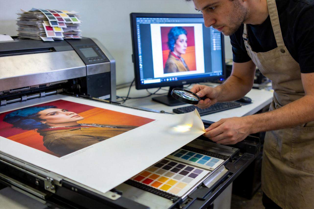 Printer producing a color portrait while a man inspects the print with a magnifying glass