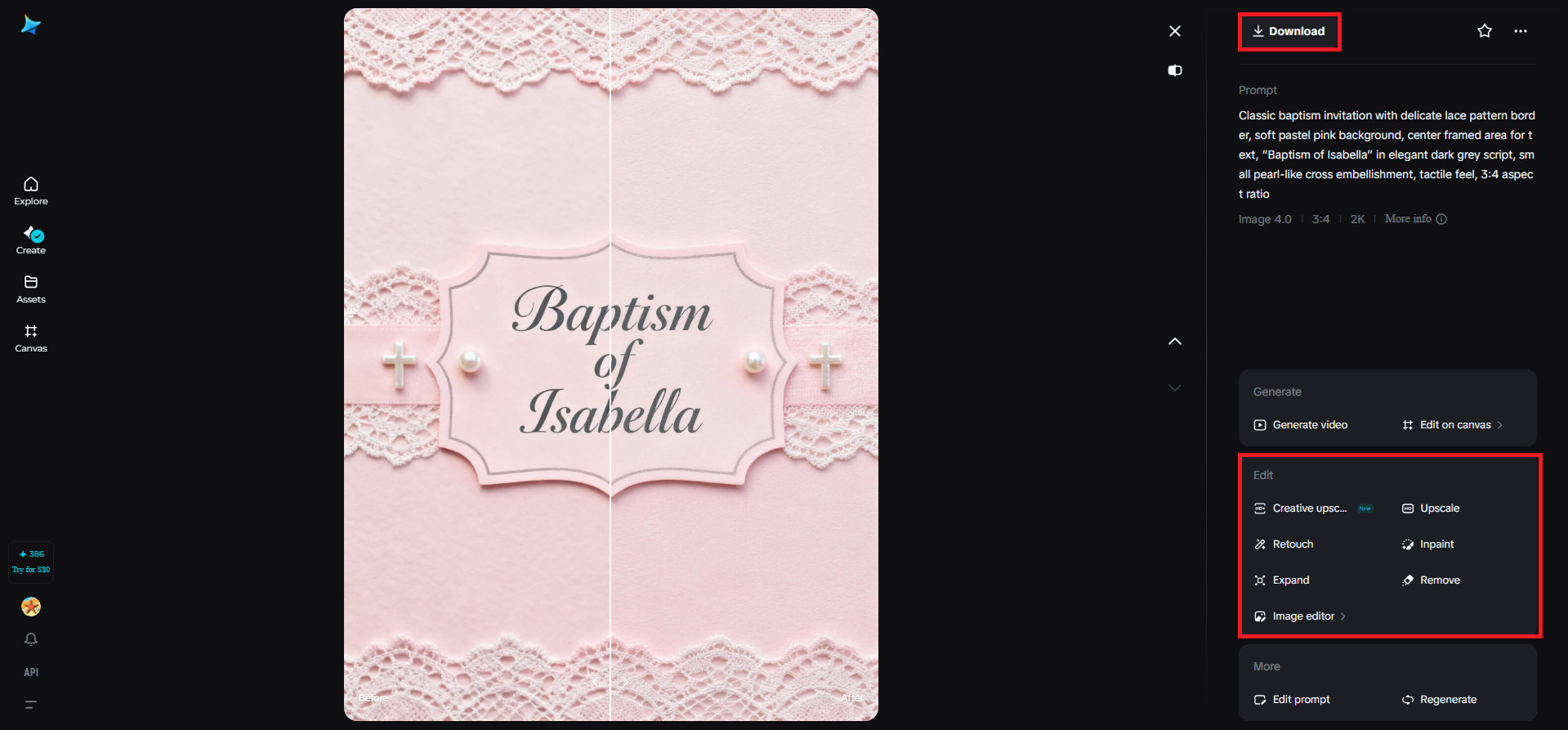 Creative upscale feature in Dreamina