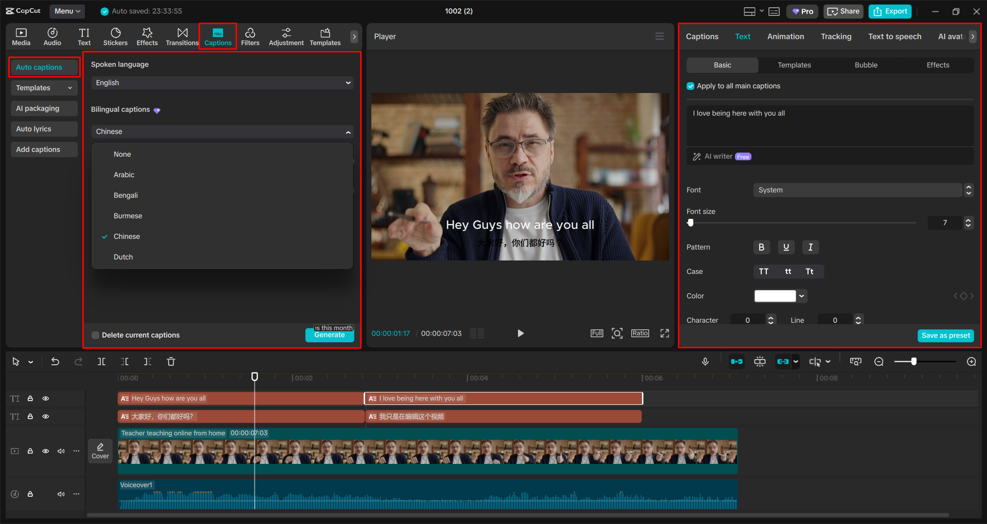 Translating captions in a video with the CapCut desktop video editor