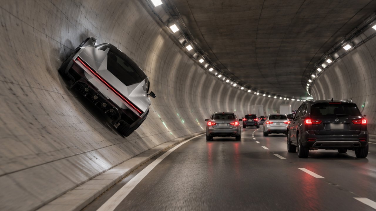 Un Roadster unghiular alb-argintiu pe peretele stâng curbat al unui tunel, înclinat spre banda liberă adiacentă cu anvelope care urmează curba, un baldachin negru și trafic vertical lângă el