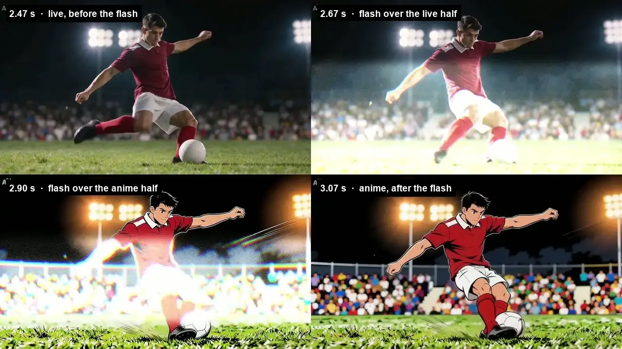 Four-panel soccer scene showing live footage turning into anime with flash transitions