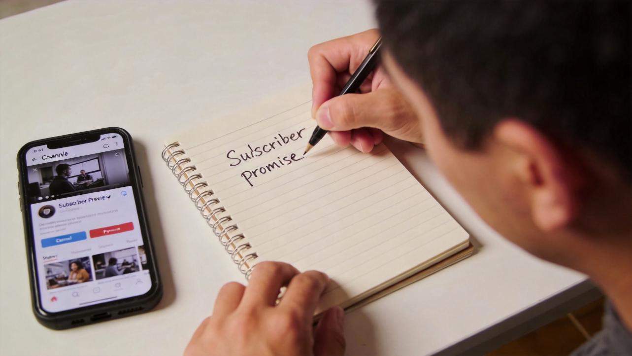 Person writing "Subscriber Promise" in a notebook beside a phone showing an Instagram channel