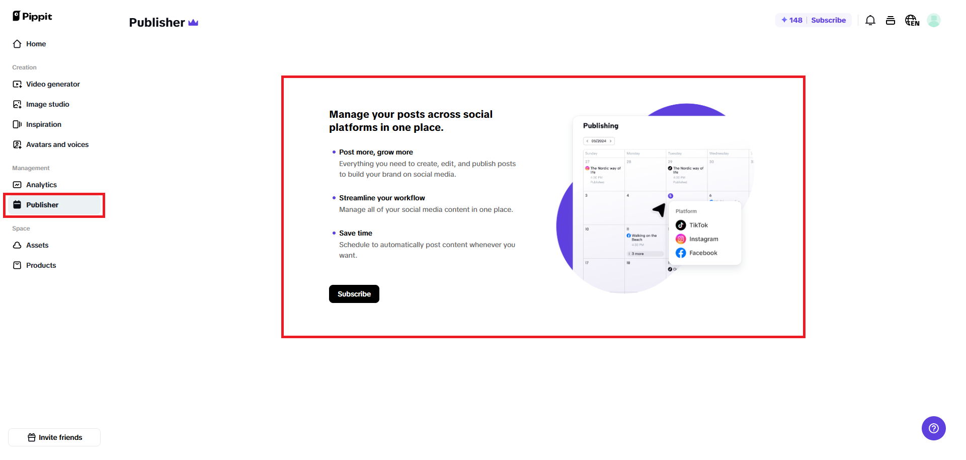 Editor integrado para postagens em redes sociais