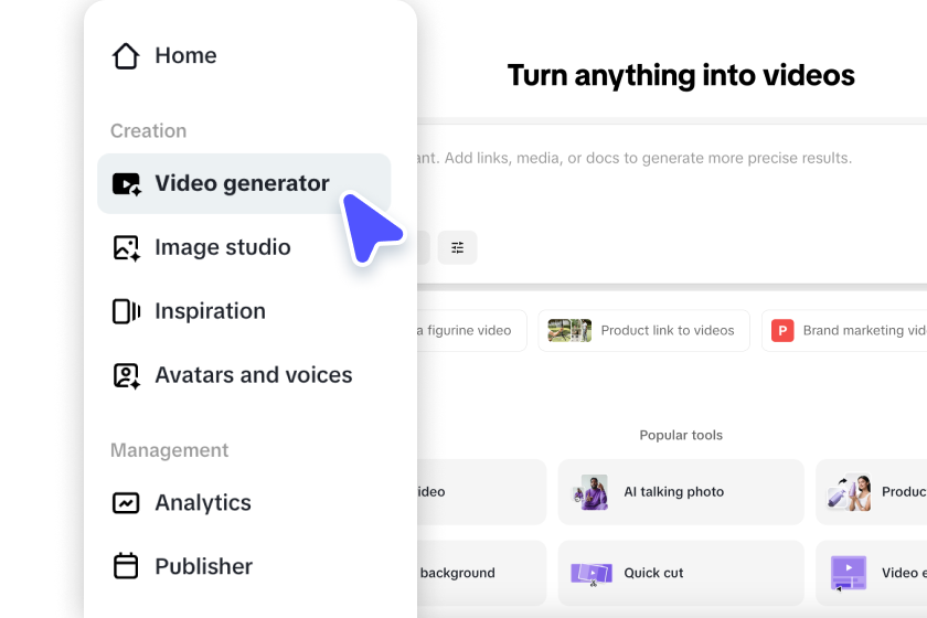 Opening AI video generator in Pippit